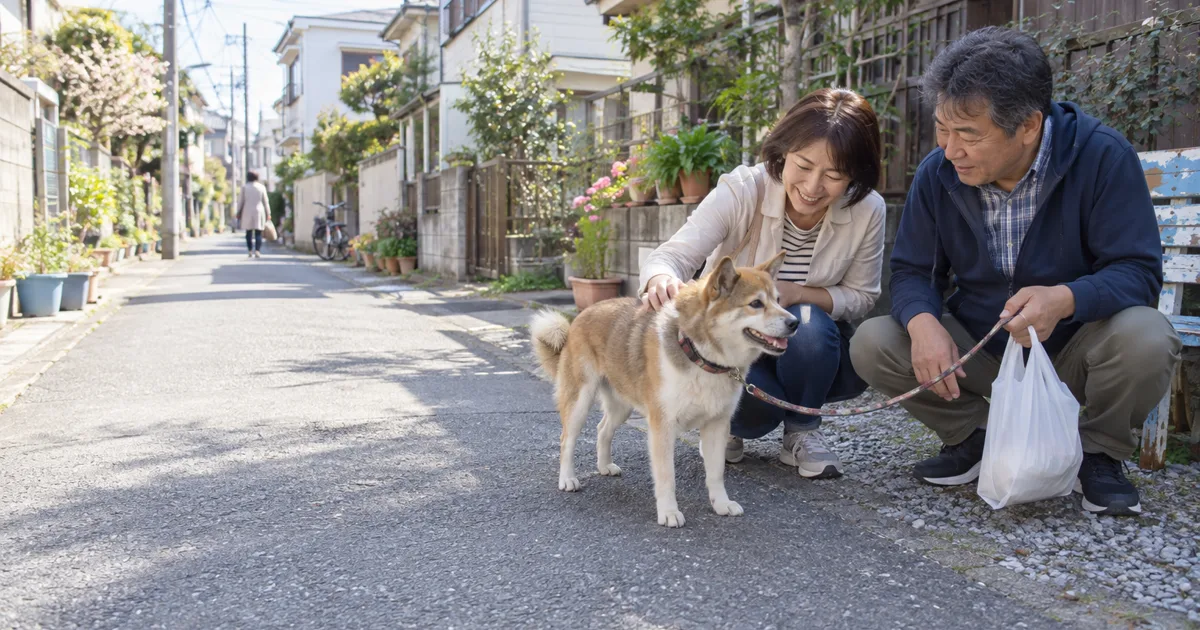 散歩の途中で柴犬をなでる50代の夫婦