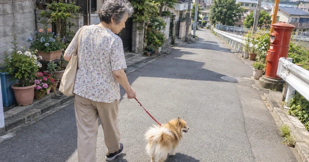 住宅街をポメラニアンと散歩する年配の女性