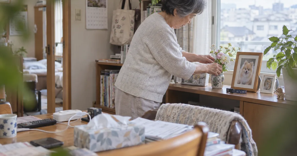窓辺の棚に飾ったポメラニアンの写真に花を生ける年配の女性