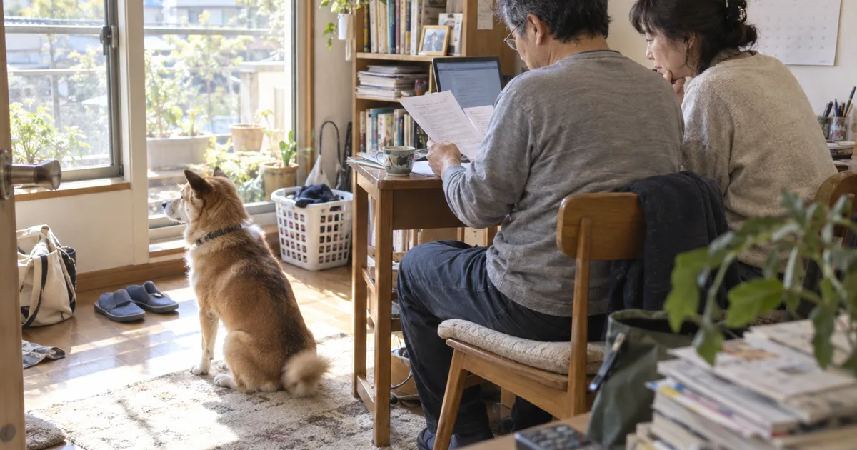 窓際の机で書類を読む50代の夫婦と、窓の外を見るミックス犬