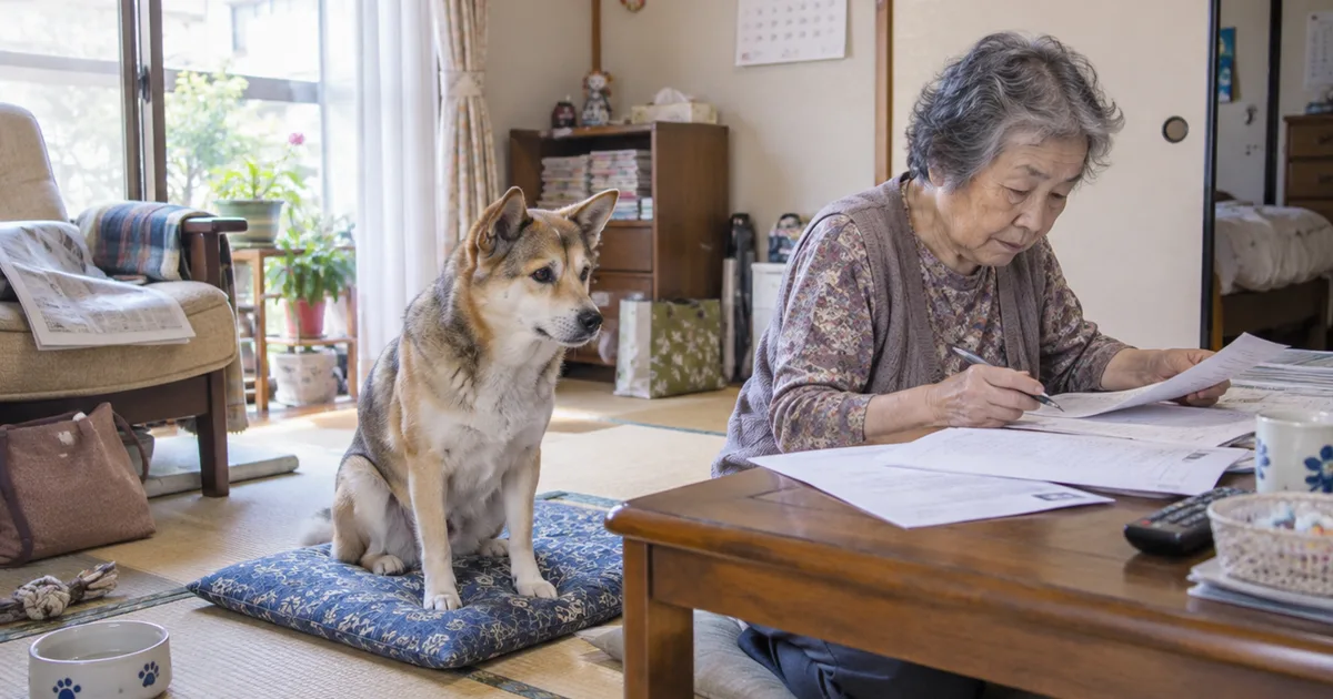 和室の座卓で資料を広げる年配の女性と、座布団の上のミックス犬