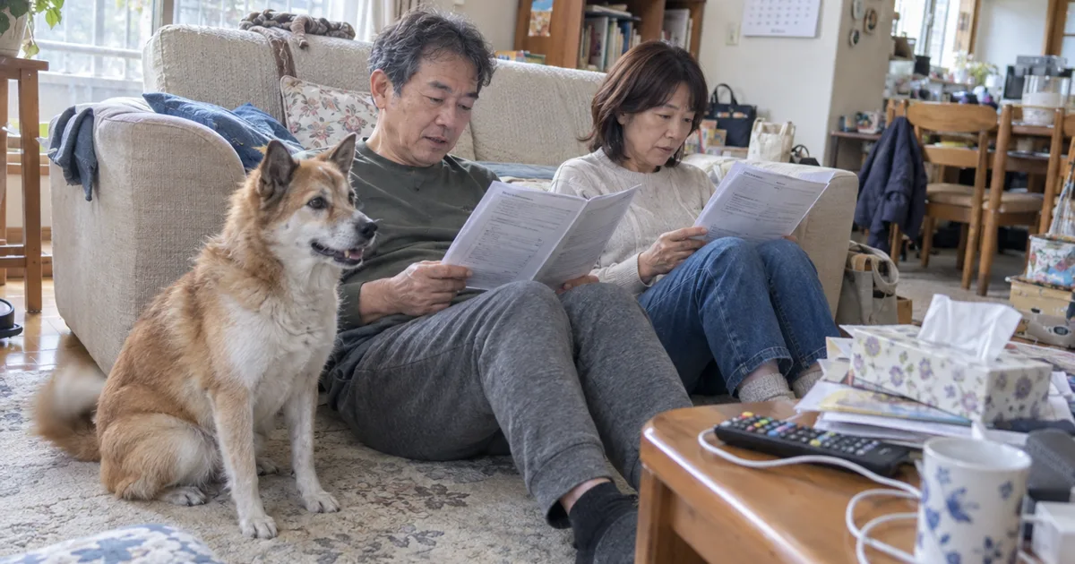 ソファにもたれて床で案内を読む50代の夫婦と、ラグの上に座るミックス犬