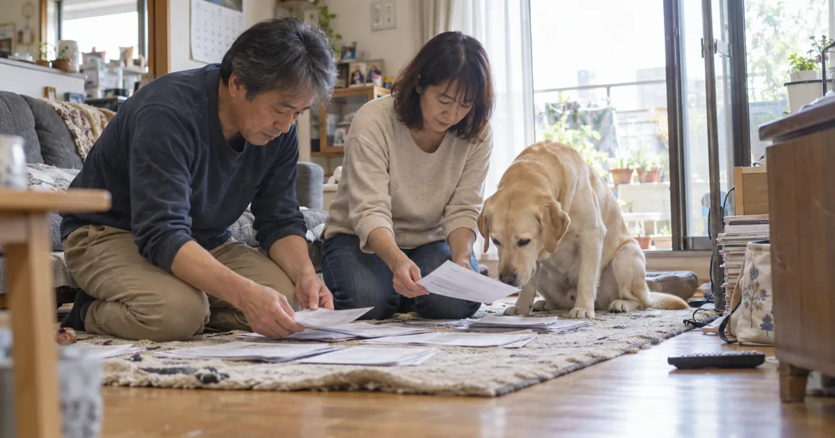 リビングの床で料金表を仕分ける50代の夫婦と、紙のにおいをかぐラブラドールレトリバー