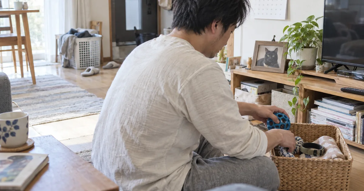 愛用のボールや首輪をかごにしまう30代の男性と、棚の黒猫の写真