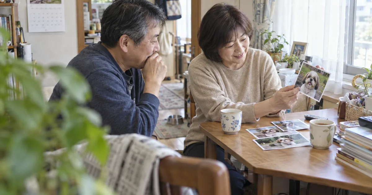 テーブルでシーズーの写真を眺める50代の夫婦