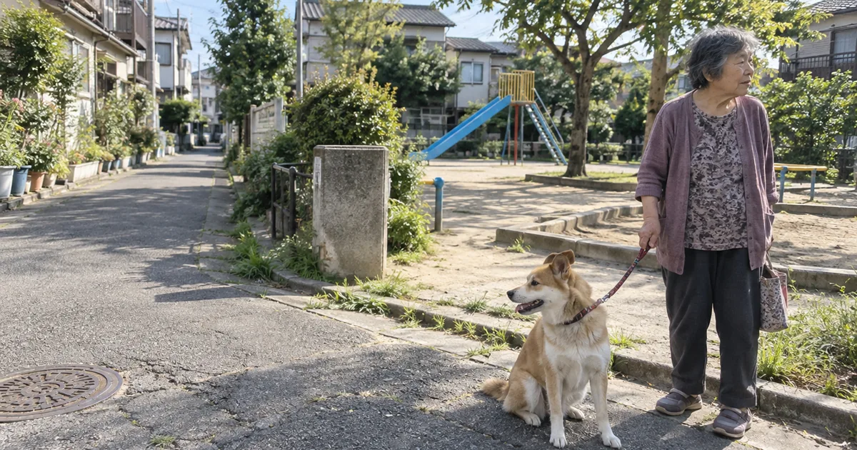 近所の公園の入口に立つ年配の女性と、そばに座るミックス犬